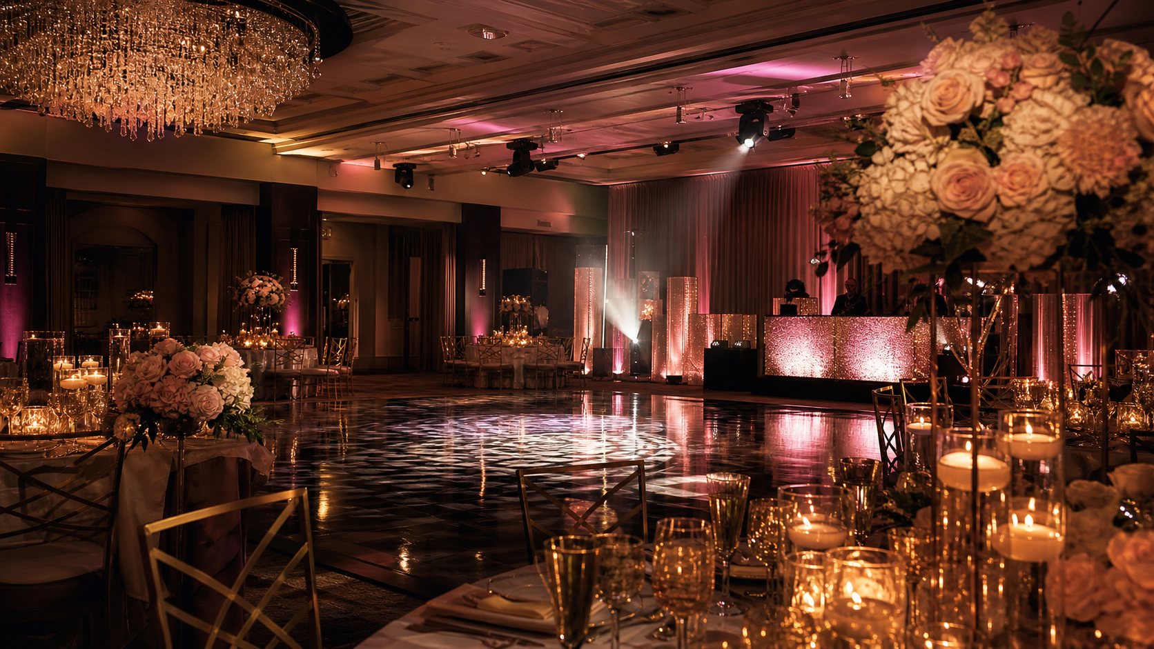 Luxury wedding reception with event lighting